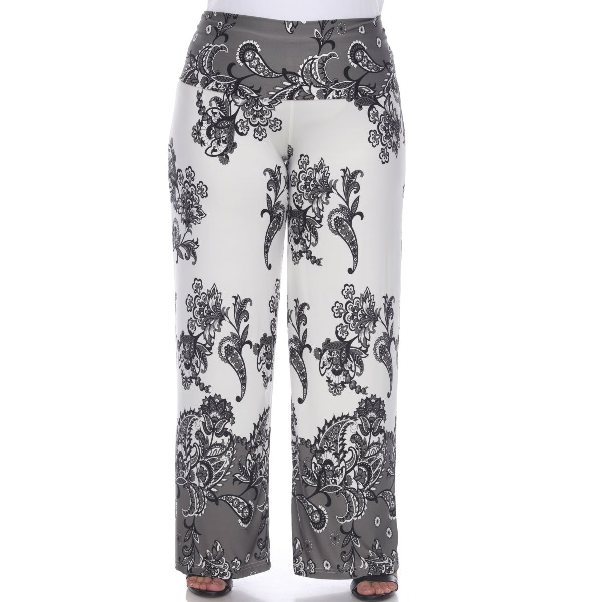 White Rose Chloe plus size floral paisley printed palazzo pants with wide-leg design, showcased in this image.