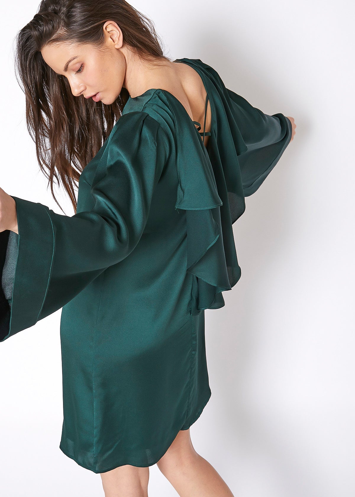Green satin cross-back tunic dress by Lemon Hera, featuring a stylish fit and elegant design perfect for casual or dressy occasions.