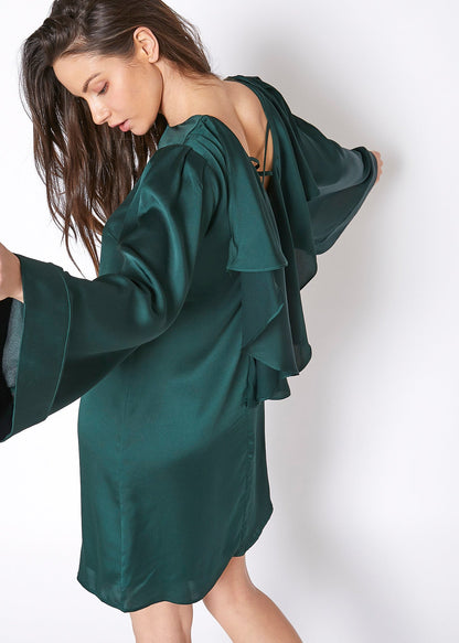 Green satin cross-back tunic dress by Lemon Hera, featuring a stylish fit and elegant design perfect for casual or dressy occasions.