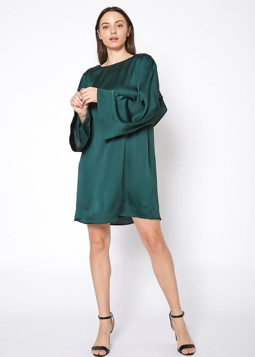 Satin cross-back tunic dress in green from Lemon Hera, featuring a relaxed fit and elegant design with cross-back straps.