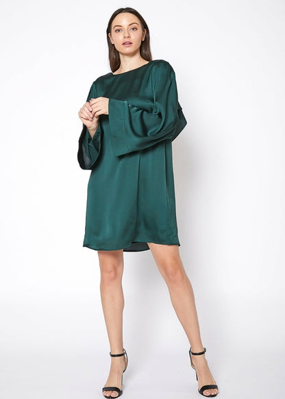 Satin cross-back tunic dress in green from Lemon Hera, featuring a relaxed fit and elegant design with cross-back straps.