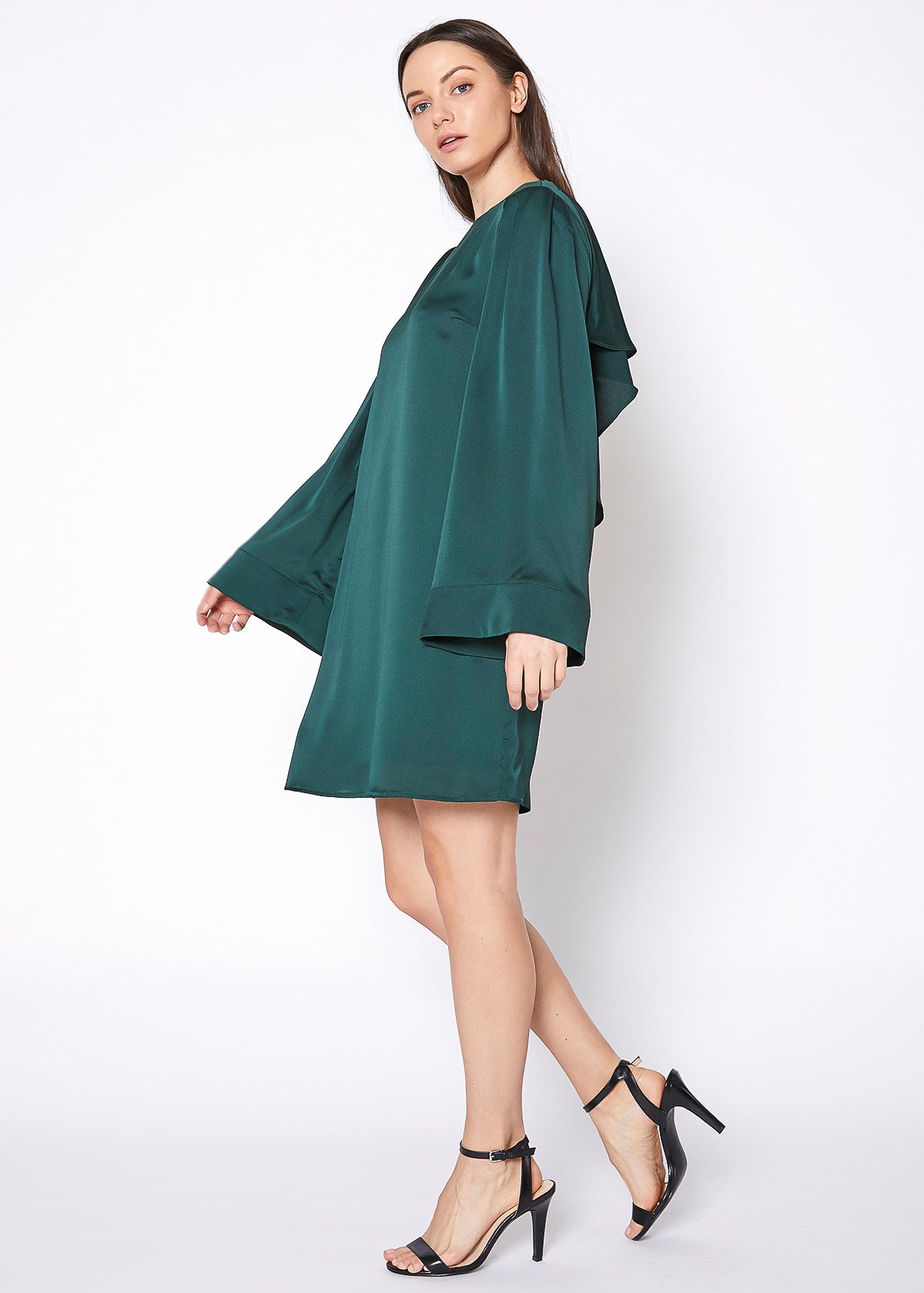 Green satin cross back tunic dress by Lemon Hera, featuring a flowing design and elegant cross-back detail.