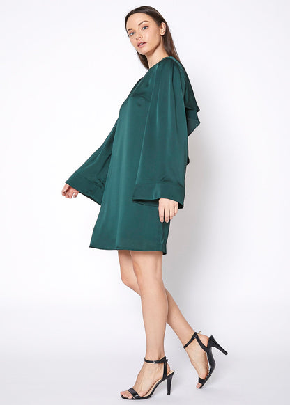 Green satin cross back tunic dress by Lemon Hera, featuring a flowing design and elegant cross-back detail.