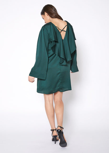 Green satin cross back tunic dress by Lemon Hera, stylish dress with a flowy fit and elegant cross back design.