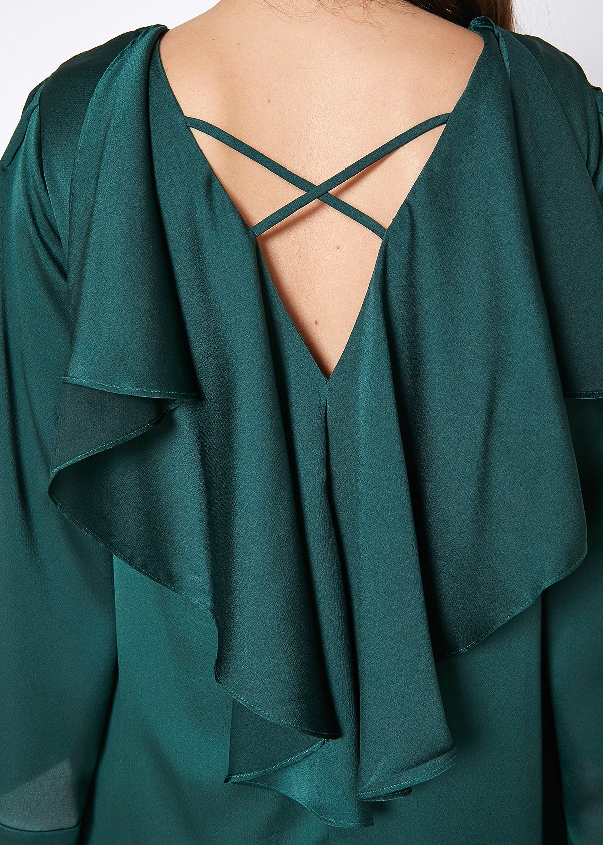Green satin cross back tunic dress by Lemon Hera, sleeveless with a flowing fit and stylish cross-back design.