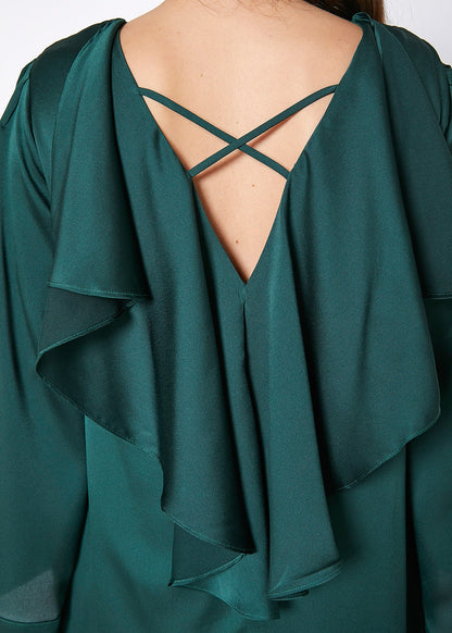 Green satin cross back tunic dress by Lemon Hera, sleeveless with a flowing fit and stylish cross-back design.