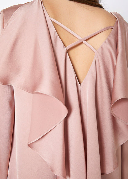 Pink satin cross back tunic dress by Lemon Hera, featuring a flowing silhouette and elegant design, perfect for stylish occasions.