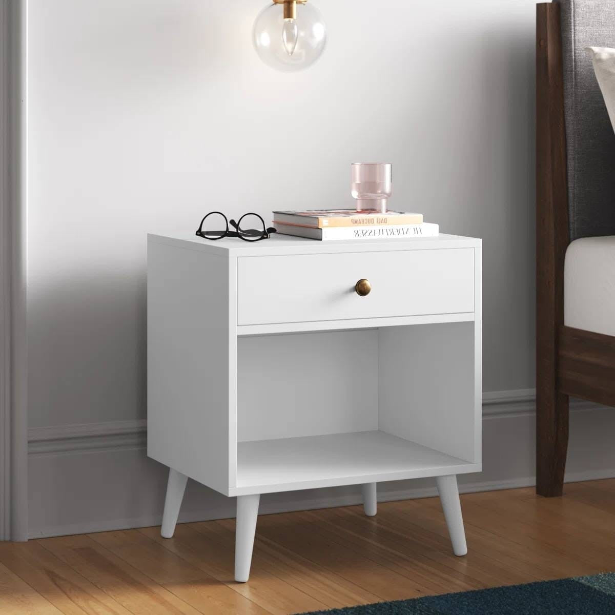 Mid-Century Modern Bedroom 1-Drawer Nightstand End Table in White Wood Finish