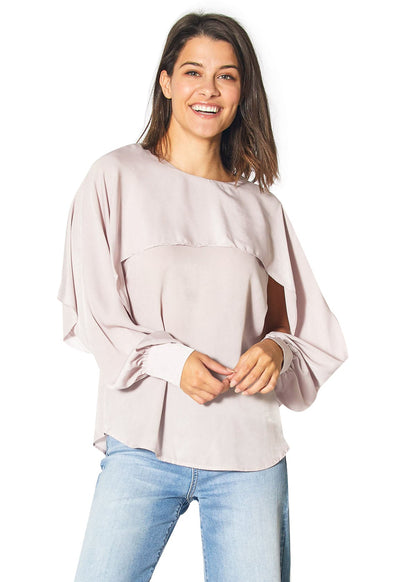 Pink chiffon long open sleeve blouse by Lemon Hera, stylish and flowy top with wide sleeves and elegant fabric detail.