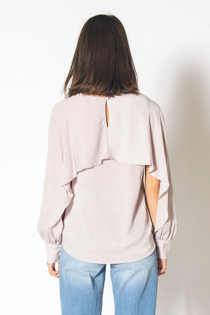 Pink chiffon long open sleeve blouse by Lemon Hera, featuring flowy fabric and stylish draped sleeves.