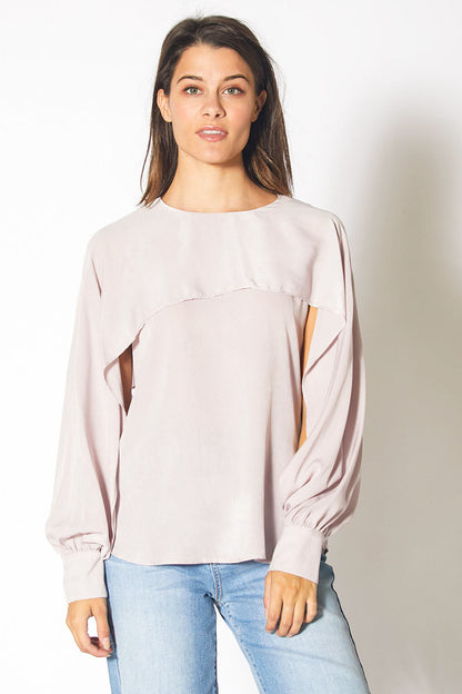 Pink chiffon long open sleeve blouse from Lemon Hera, stylish tops and blouses with flowing fabric and open sleeve design.