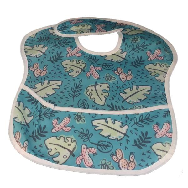 Waterproof baby bib with crumb catcher featuring blue cacti and leaf designs, by Raspberry Pallas, in jeans style.
