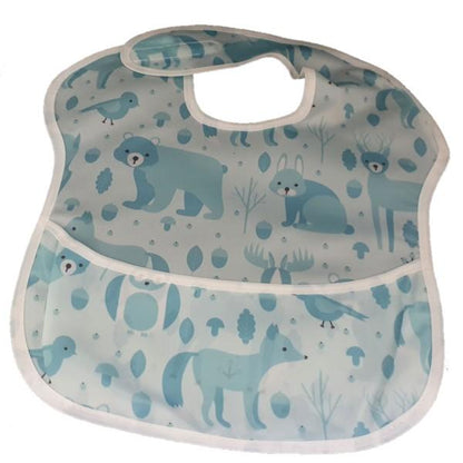 Blue waterproof baby bib with crumb catcher featuring forest animal denim design by Raspberry Pallas.