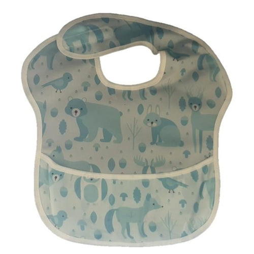 Waterproof baby bib with crumb catcher featuring blue forest animal design by Raspberry Pallas, made for easy cleaning during meals.