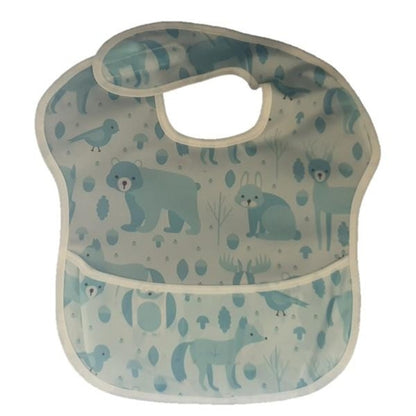 Waterproof baby bib with crumb catcher featuring blue forest animal design by Raspberry Pallas, made for easy cleaning during meals.