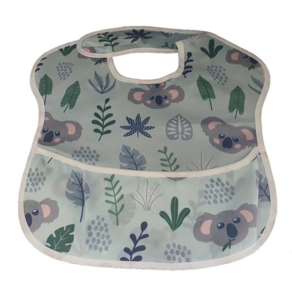 Blue waterproof baby bib with crumb catcher featuring a cute koala design, made by Raspberry Pallas, ideal for messy eating.