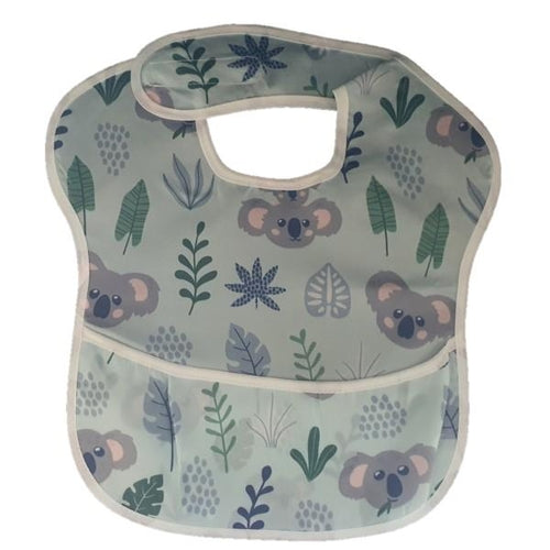 Blue waterproof baby bib with crumb catcher featuring a cute koala design from Raspberry Pallas, made of durable jeans material.
