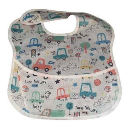 Waterproof baby bib with crumb catcher featuring car print, made by Raspberry Pallas, in assorted denim-style designs.