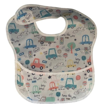 Waterproof baby bib with crumb catcher featuring car design from Raspberry Pallas, made of denim-style material for easy cleaning.