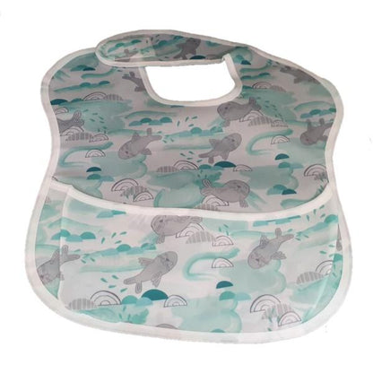 Raspberry Pallas waterproof baby bib with crumb catcher in mint seal design, denim style, ideal for messy eating and easy cleanup.