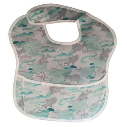 Raspberry Pallas waterproof baby bib with crumb catcher in mint seals design, featuring denim-style fabric for easy cleaning.