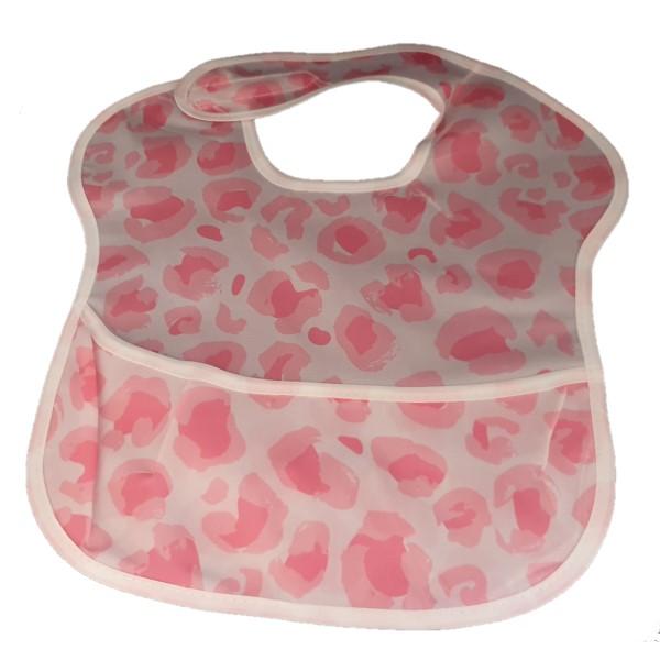 Pink camo waterproof baby bib with crumb catcher from Raspberry Pallas, designed for infants, made of durable waterproof denim.