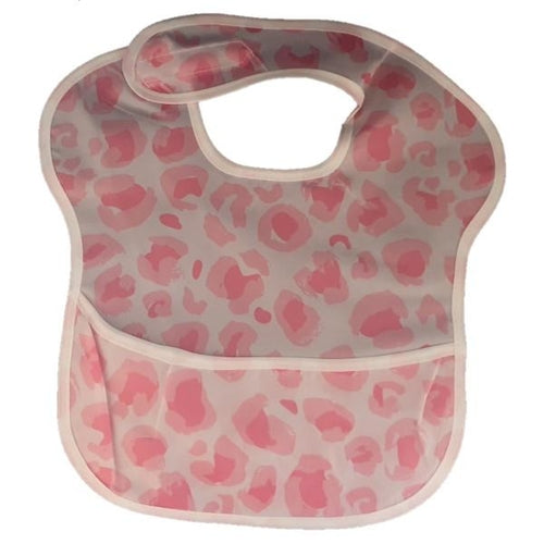 Pink camo waterproof baby bib with crumb catcher from Raspberry Pallas, featuring a denim style design for easy clean-up.