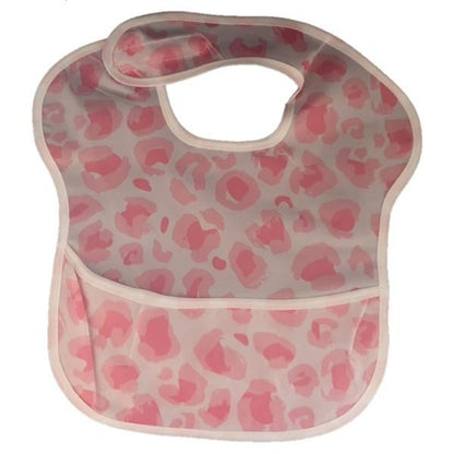 Pink camo waterproof baby bib with crumb catcher from Raspberry Pallas, featuring a denim style design for easy clean-up.