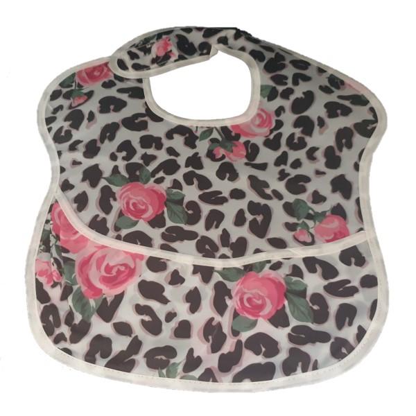 Pink roses waterproof baby bib with crumb catcher, made by Raspberry Pallas, featuring denim style for easy cleaning.