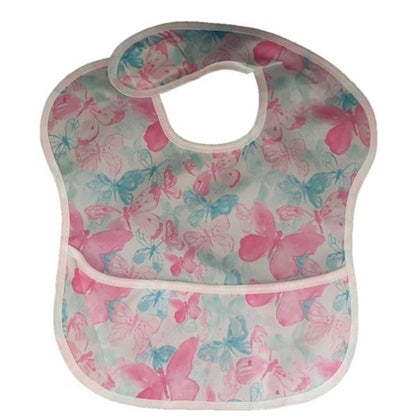 Waterproof baby bib with crumb catcher in pink and blue butterflies, by Raspberry Pallas, featuring denim-style design for easy cleaning.