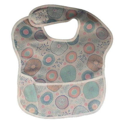 Raspberry Pallas waterproof baby bib with crumb catcher in pink and blue paisley jeans design, ideal for young children&