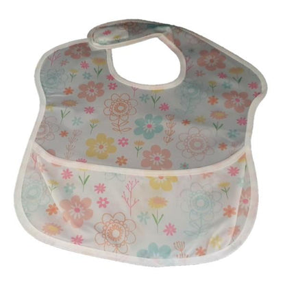 Waterproof baby bib with crumb catcher in yellow, pink, and blue floral jeans design by Raspberry Pallas.