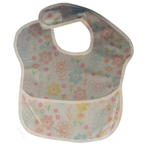 Waterproof baby bib with crumb catcher in yellow, pink, and blue floral jeans design by Raspberry Pallas.
