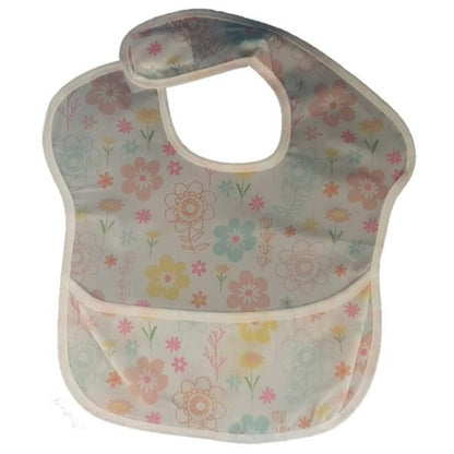 Waterproof baby bib with crumb catcher in yellow, pink, and blue floral jeans design by Raspberry Pallas.