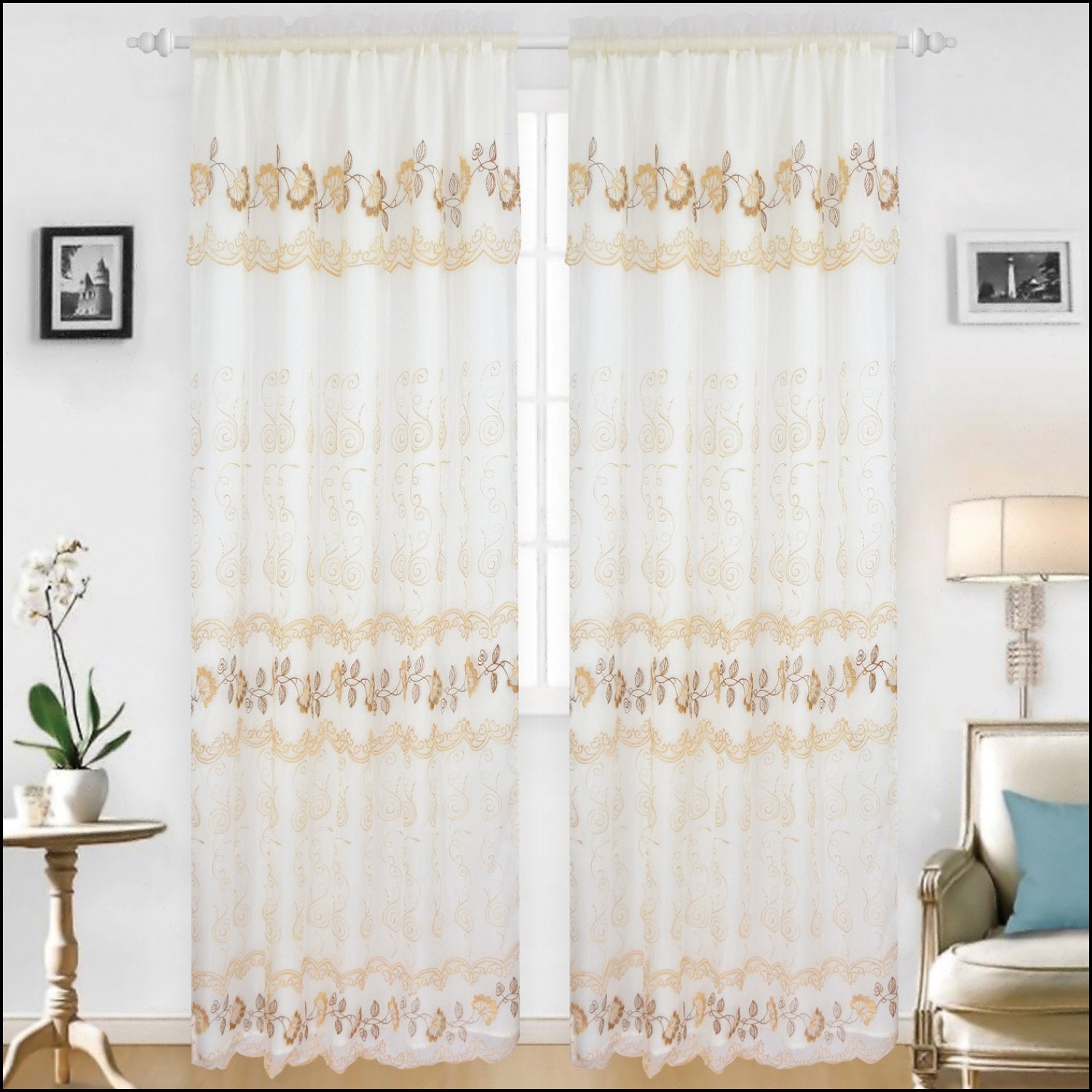 Set of two Azure Zeus Bridget embroidered bed panels with backing in gold, featuring intricate embroidery and decorative design.