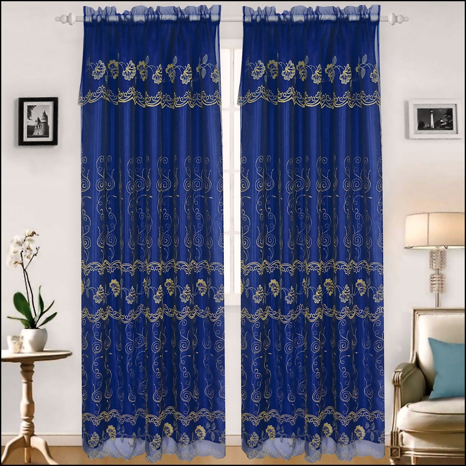Set of two Azure Zeus Bridget embroidered panels with backing, navy beds and blankets for stylish bedroom decor.