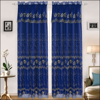 Set of two Azure Zeus Bridget embroidered panels with backing, navy-colored beds and blankets for cozy bedroom decor.