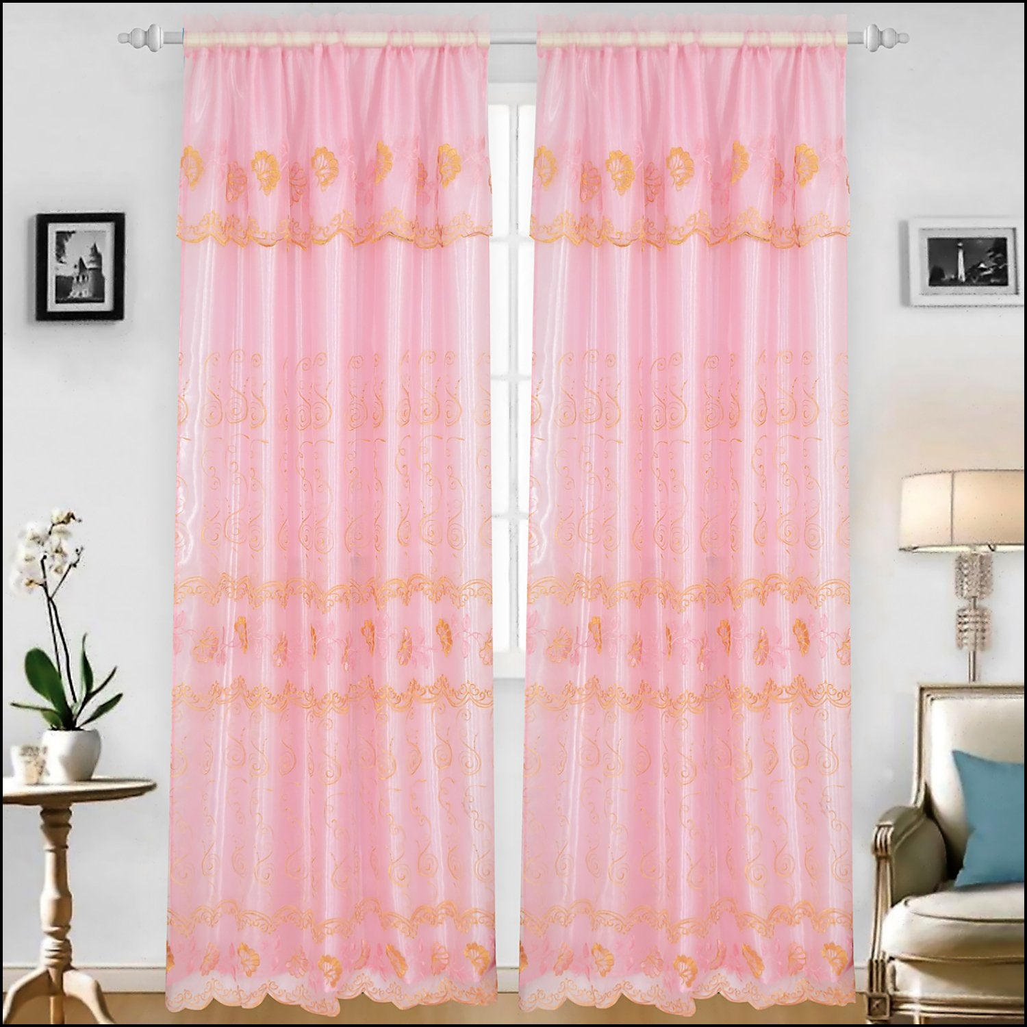 Set of two pink embroidered panels with backing from Azure Zeus, ideal for beds and blankets, showcasing detailed embroidery.