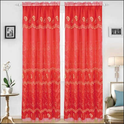 Set of two Azure Zeus Bridget embroidered bed panels with backing in red, featuring intricate embroidery and soft fabric.
