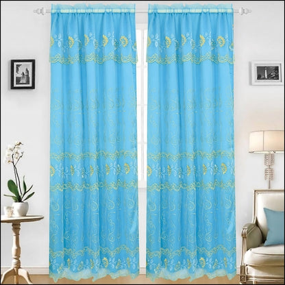 Set of two Azure Zeus Bridget embroidered bed panels with backing in turquoise, decorative textiles for bedding or decor.