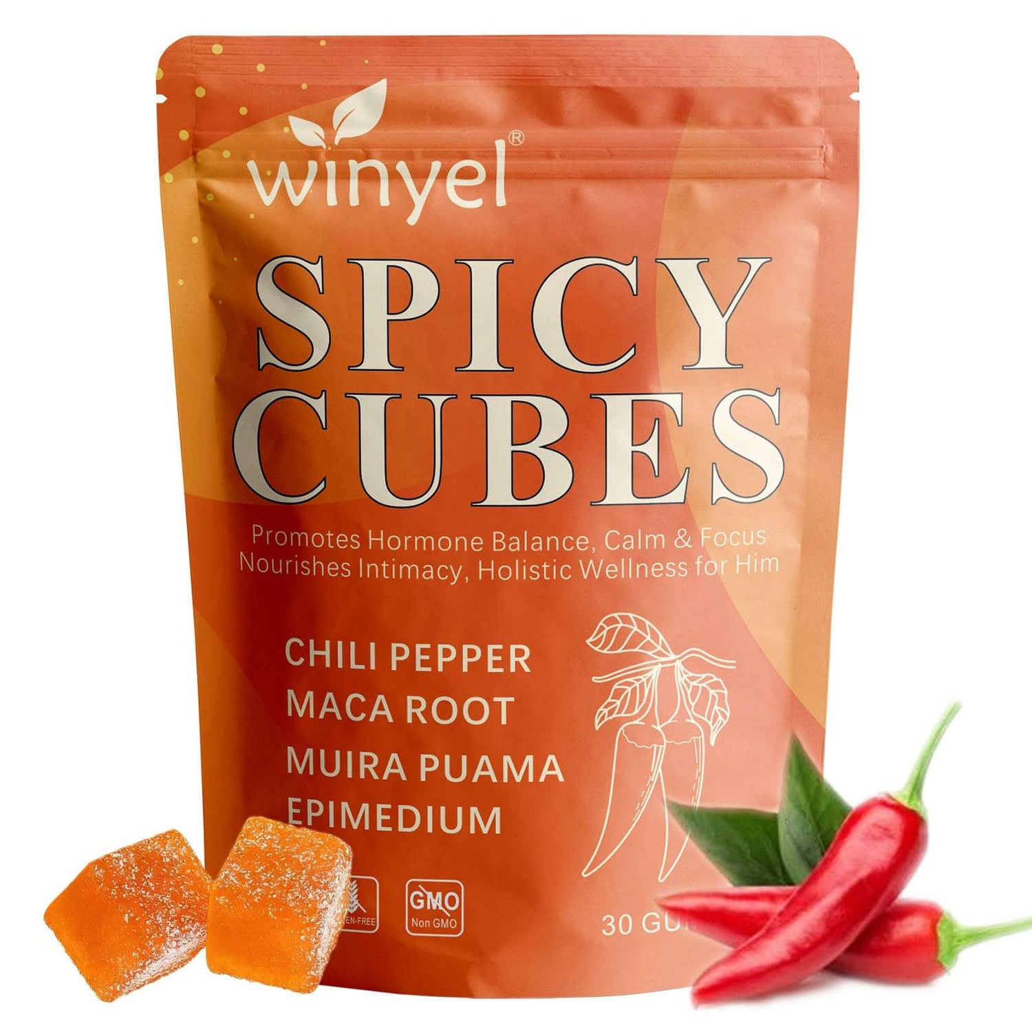 Spicy Cubes Intimacy Gummies with chili pepper, Muira Puama, and Maca in a clear container showing the colorful cubes.
