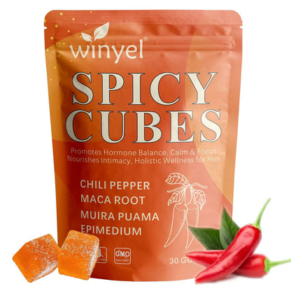 Spicy Cubes Intimacy Gummies with chili pepper, Muira Puama, and Maca in a clear container showing the colorful cubes.