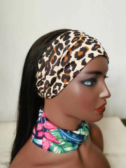 Cerise Alfie straight human hair headband wig with scarf, easy to wear, no glue, for women, shown styled on a woman.