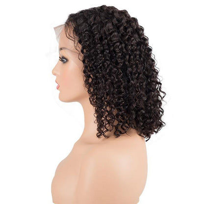 Deep wave 180% density 4x4 lace front human hair wig with short bob style, displayed on a mannequin head, by Cerise Alfie.