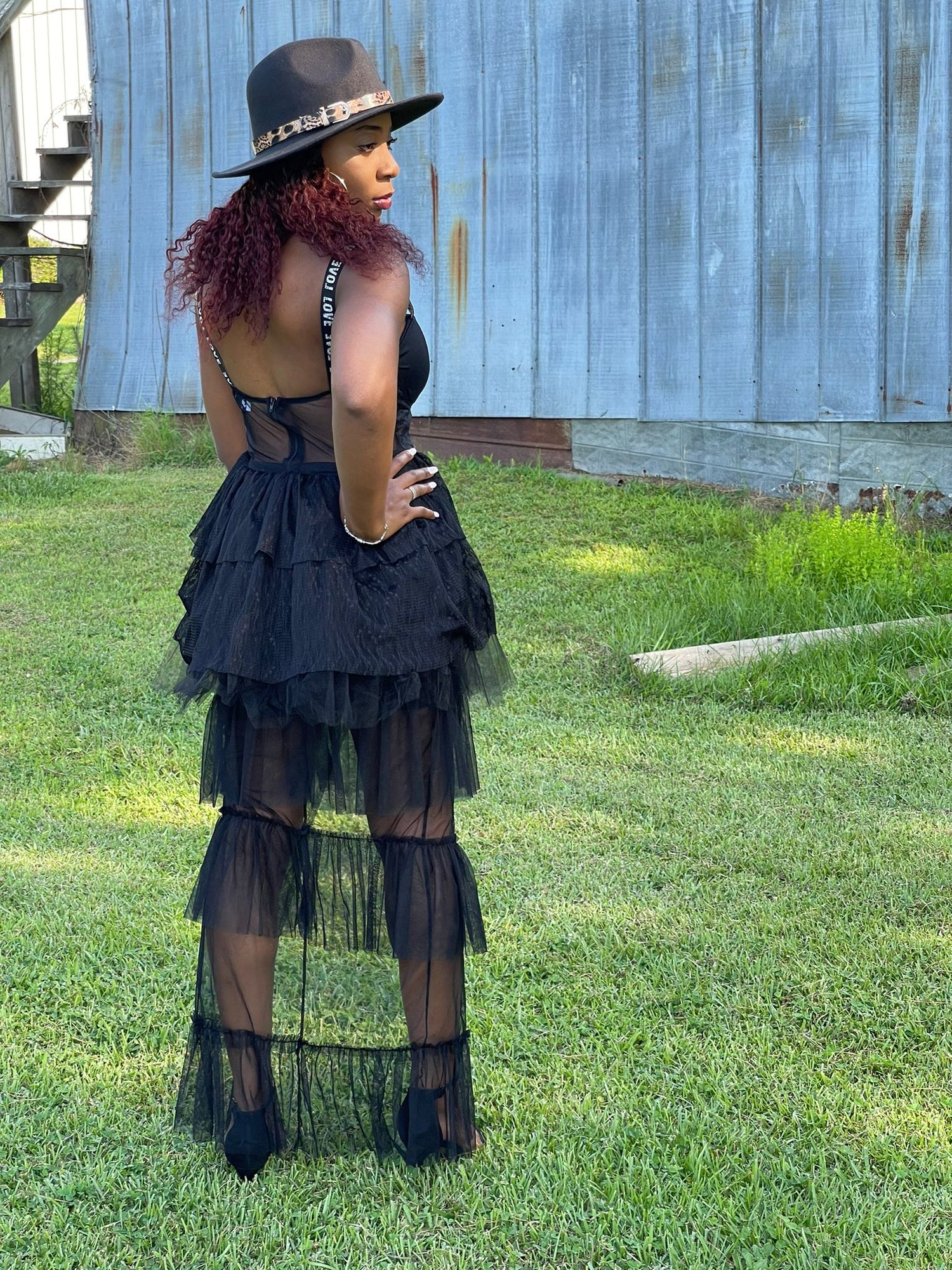 Elegant black lace dress for women with high waist and long sleeves, featuring intricate stitching, by Cerise Alfie.