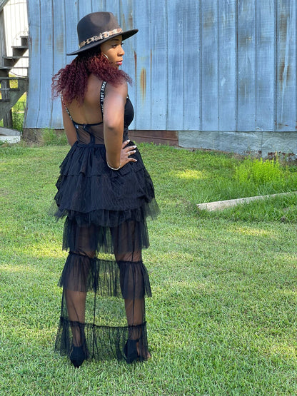 Elegant black lace dress for women with high waist and long sleeves, featuring intricate stitching, by Cerise Alfie.