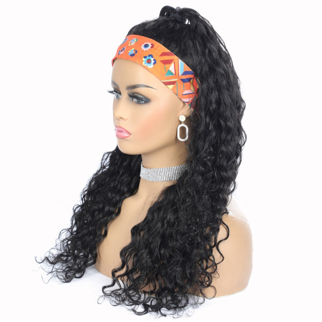 Water wave human hair headband wig by Cerise Alfie, featuring a no-glue, easy-wear scarf style for a natural look and comfortable fit.