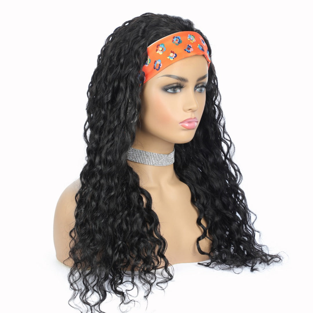 Cerise Alfie water wave human hair headband wig with scarf, easy to wear, no glue, ideal for bath and beauty styling.