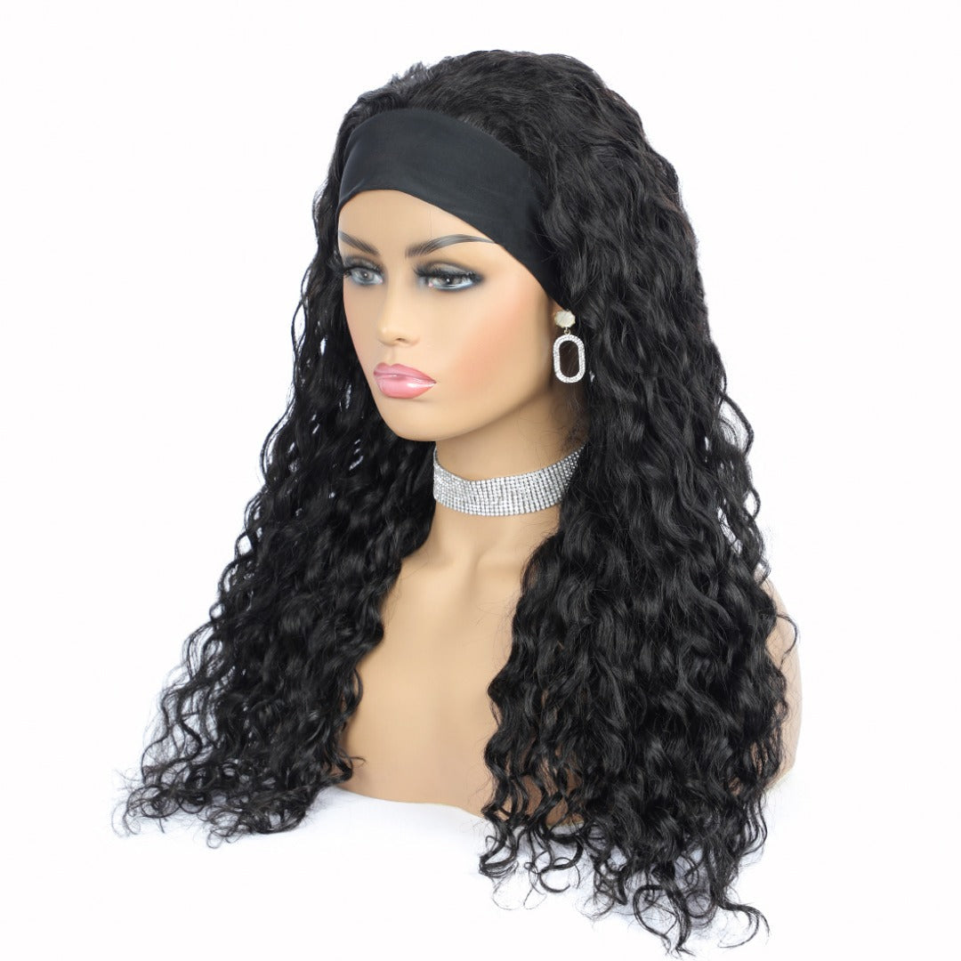 Cerise Alfie water wave human hair headband wig with scarf, easy wear, no glue, suitable for bath and beauty use.