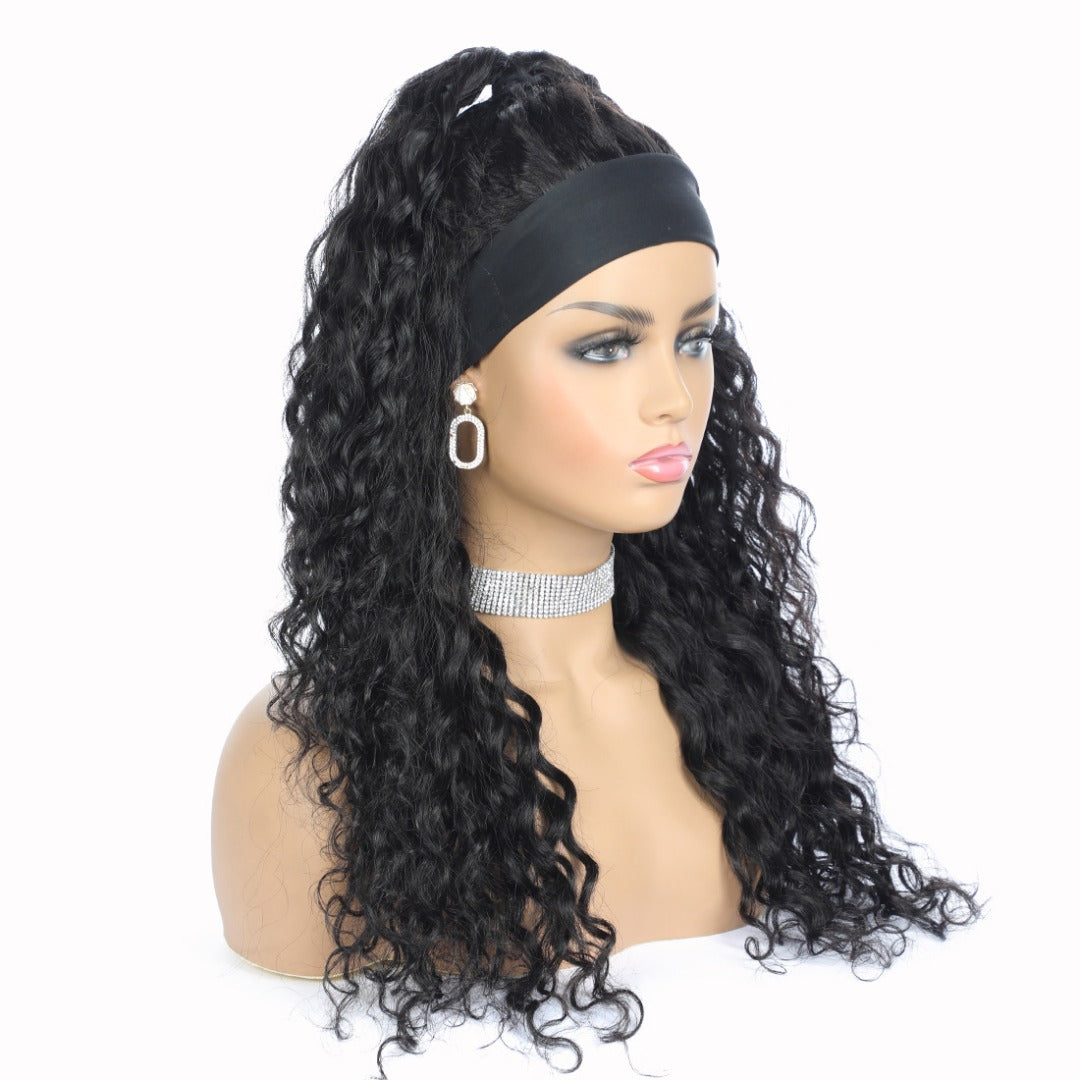 Cerise Alfie water wave human hair headband wig with scarf, easy to wear, no glue, ideal for bath and beauty styling.